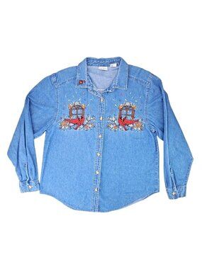 Vintage Bobbie Brooks Denim Shirt Embroidered Cardinal Flowers Women Size Large